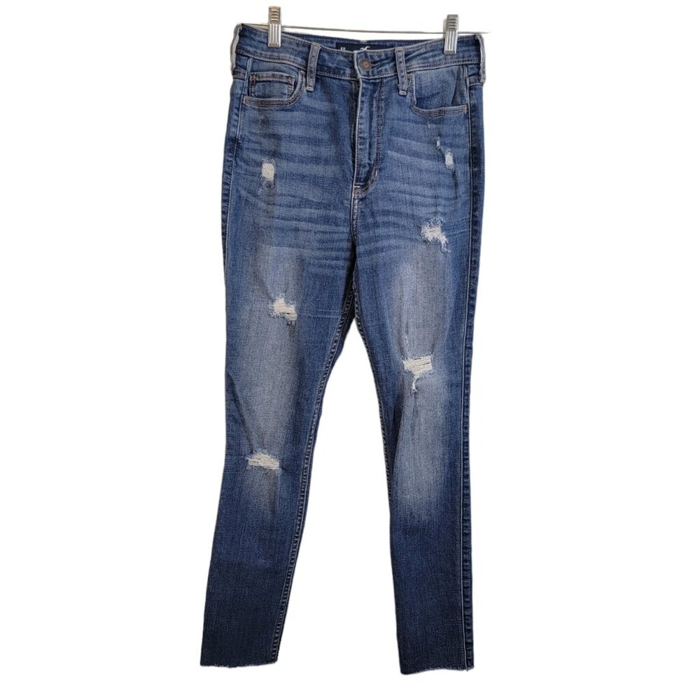 Hollister Distressed Jeans Size 5S/27 Stretch Medium Wash Denim Raw Hem Ultra Hi